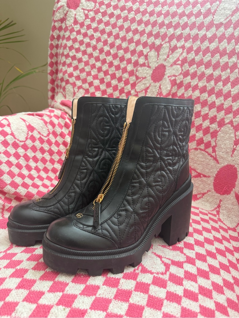Gucci Black Leather Quilted Rhombus Boot